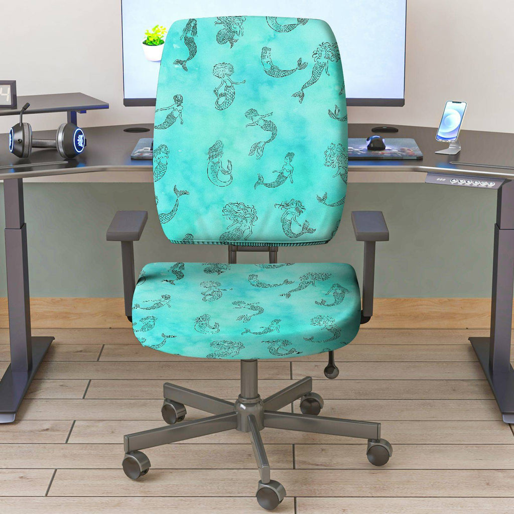2-Piece Aquatic Mermaid Turquoise Decorative  Computer Chair Cover Set, Seat and Backrest