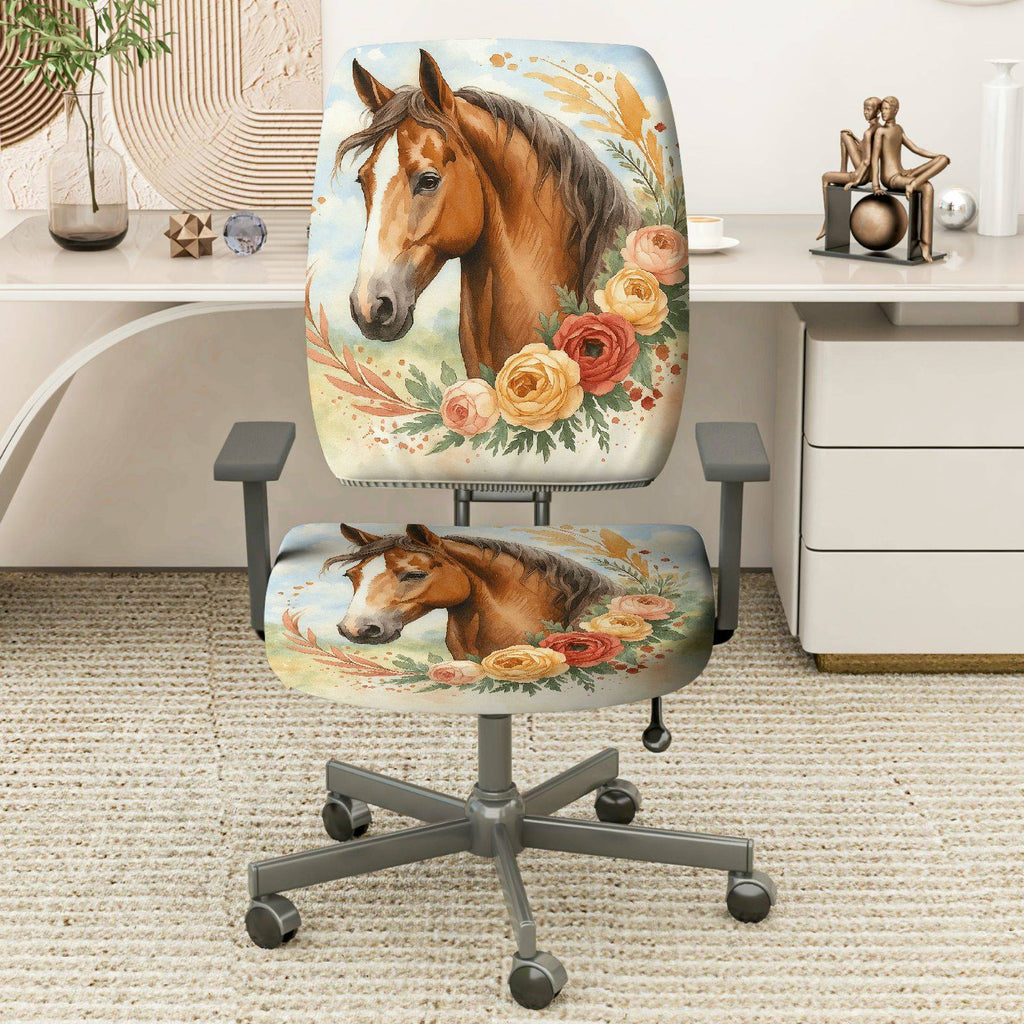 2-Piece Horse Floral Artistic Nature Colored Decoration  Computer Chair Cover Set, Seat and Backrest