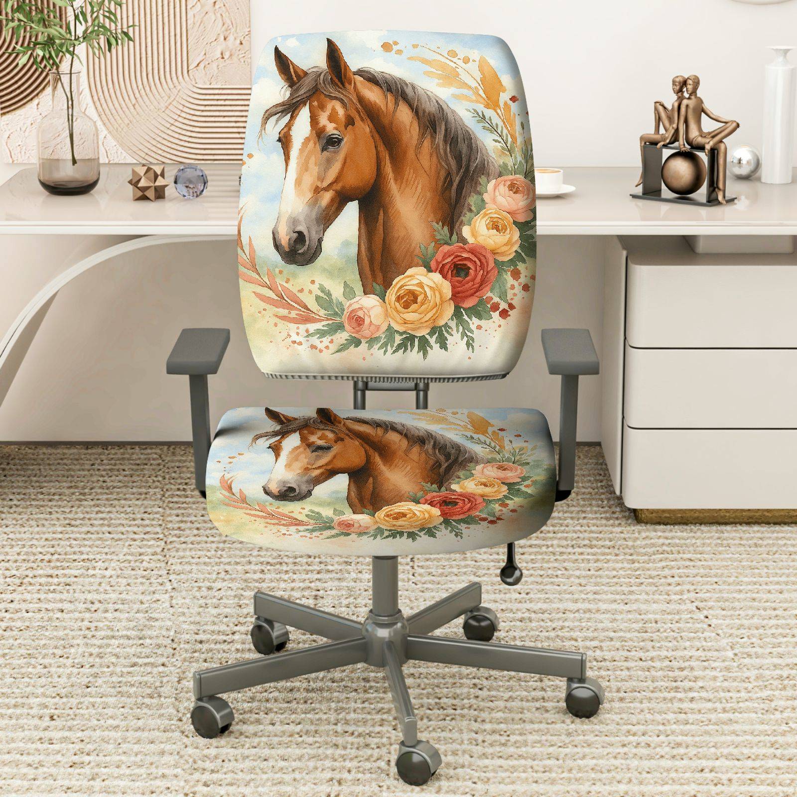 2-Piece Horse Floral Artistic Nature Colored Decoration  Computer Chair Cover Set, Seat and Backrest