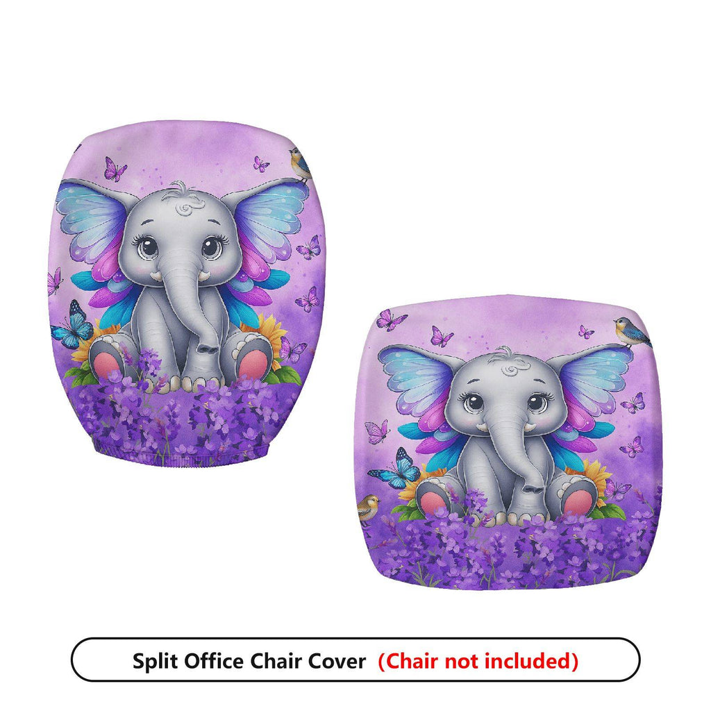 2-Piece Cute Elephant Butterfly Floral Animal Fantasy Purple  Computer Chair Cover Set, Seat and Backrest