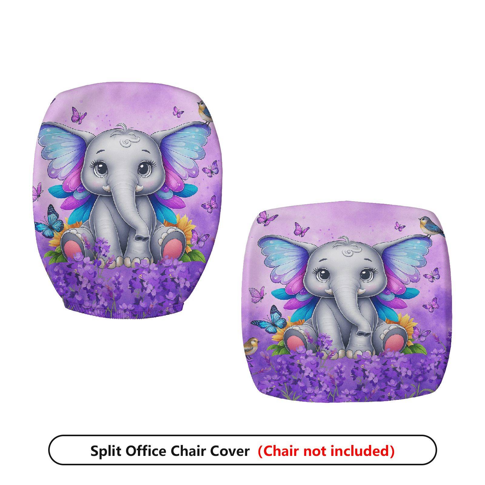 2-Piece Cute Elephant Butterfly Floral Animal Fantasy Purple  Computer Chair Cover Set, Seat and Backrest