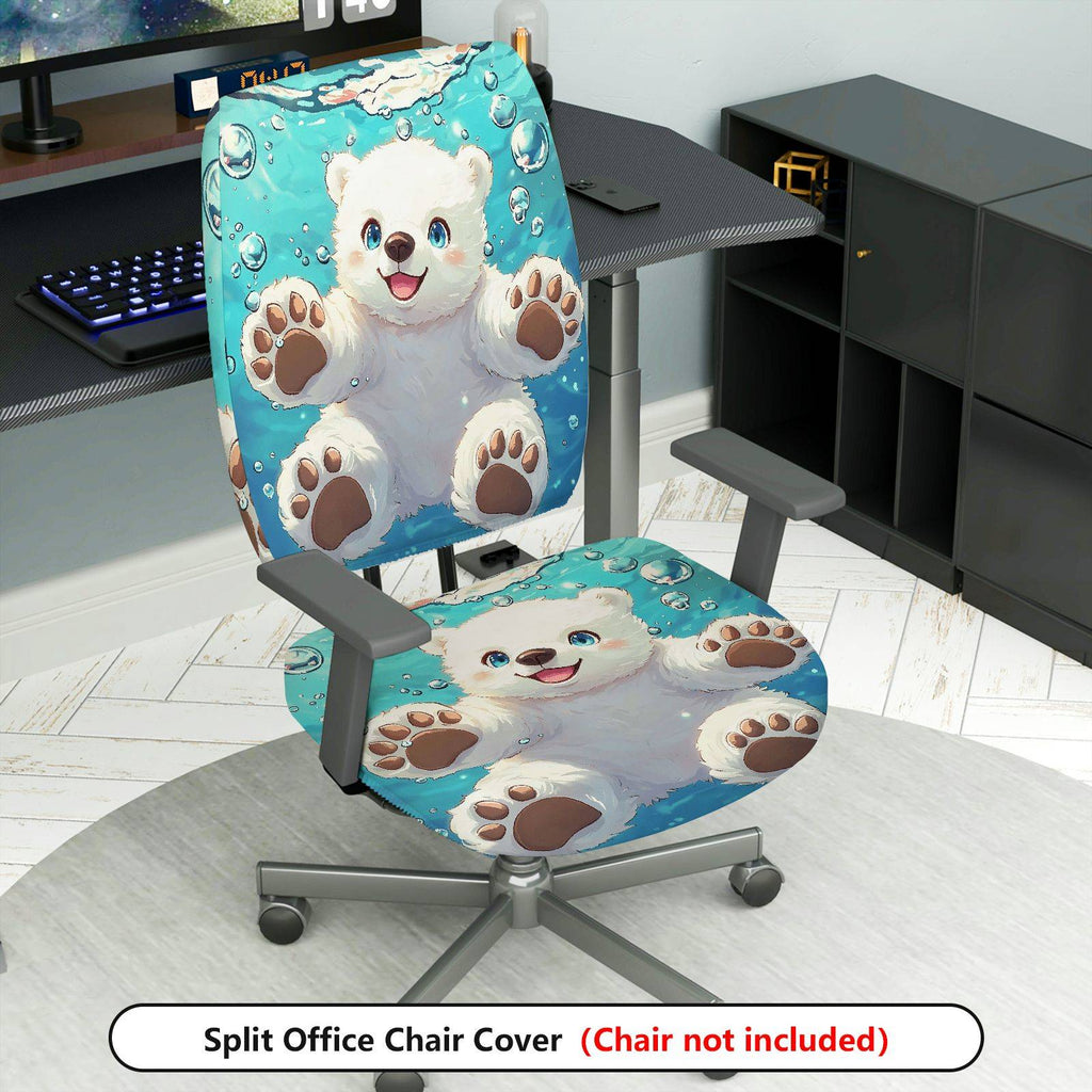 2-Piece Cute Polar Bear Blue Bubbles Animal Print  Computer Chair Cover Set, Seat and Backrest