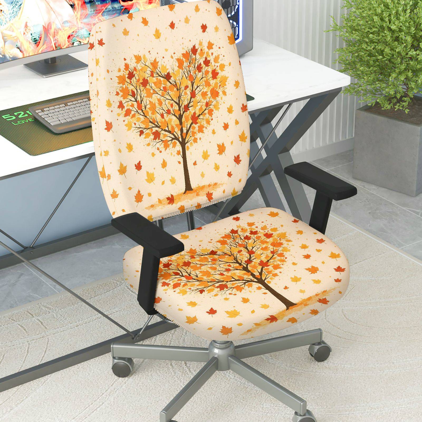 2-Piece Autumn Tree Leaves Pattern Seasonal Thanksgiving  Computer Chair Cover Set, Seat and Backrest