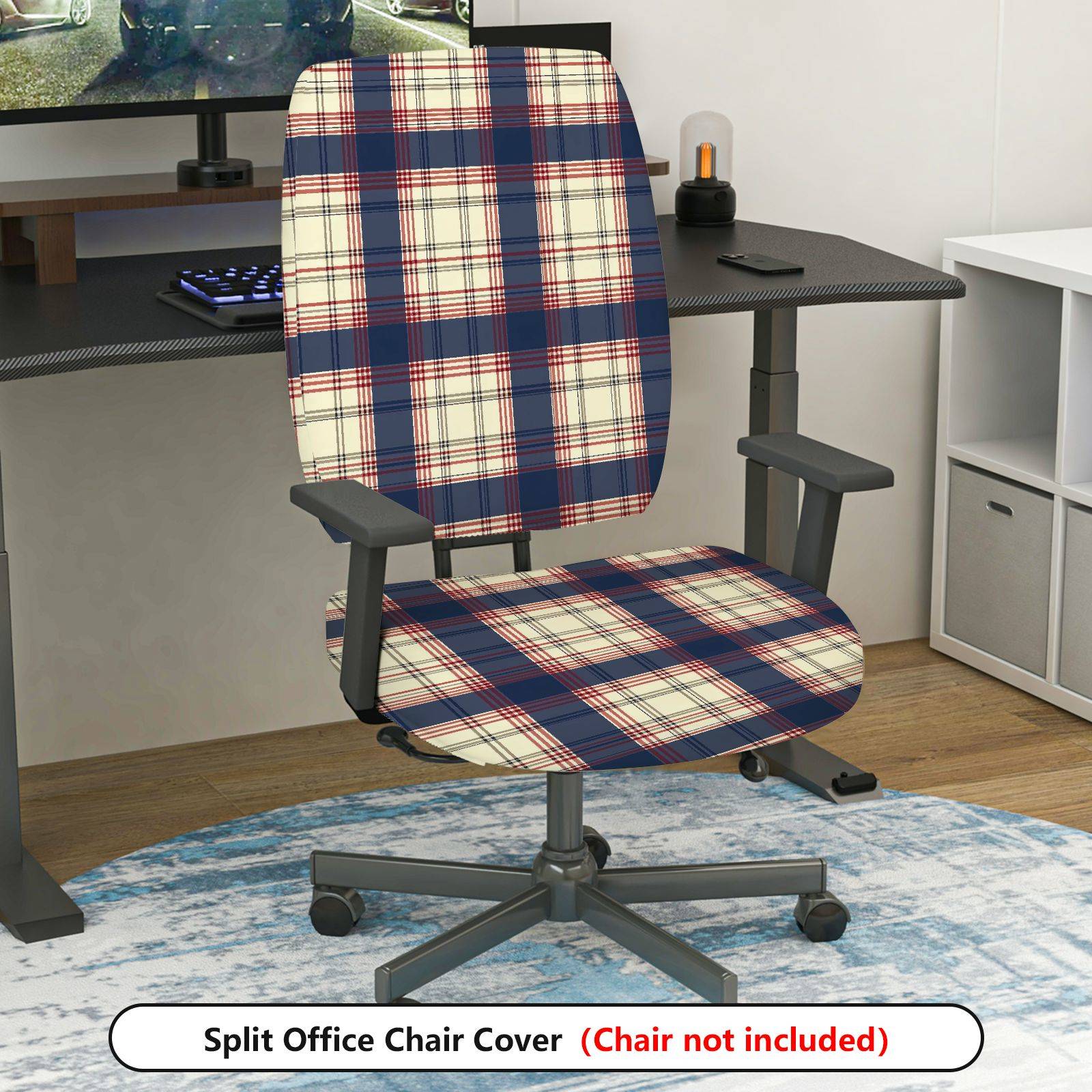 2-Piece Blue Red Plaid Classic Geometric  Computer Chair Cover Set, Seat and Backrest