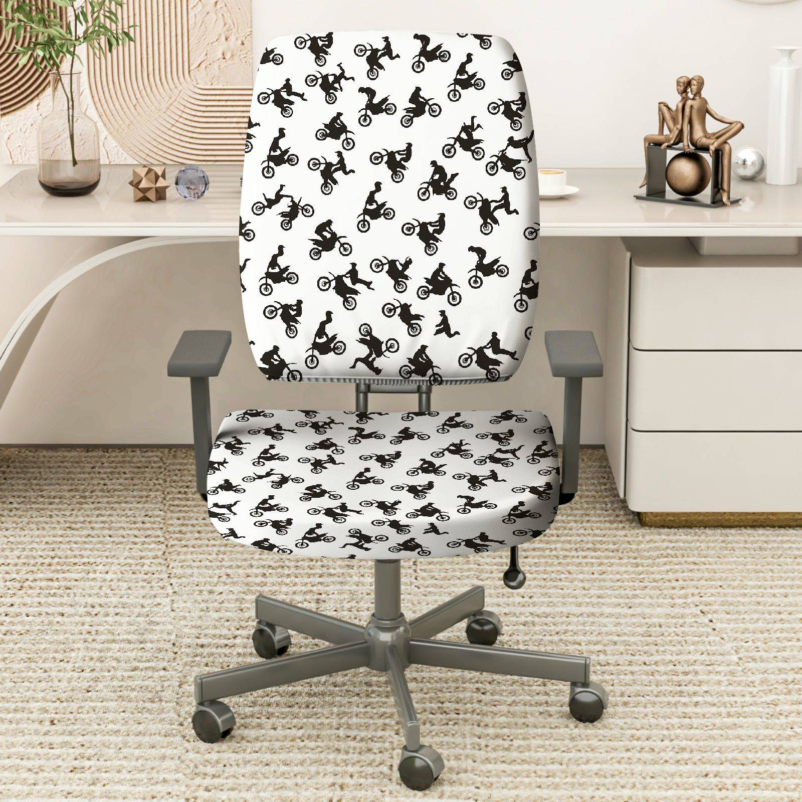 2-Piece Motorcycle Stunt Black White Pattern  Computer Chair Cover Set, Seat and Backrest