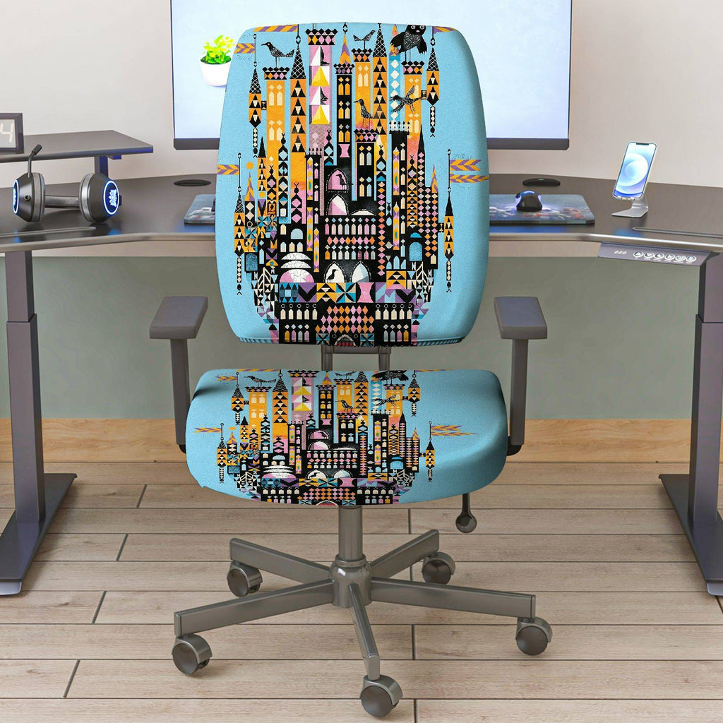 2-Piece Colorful Geometric City Night Skyline Pattern  Computer Chair Cover Set, Seat and Backrest