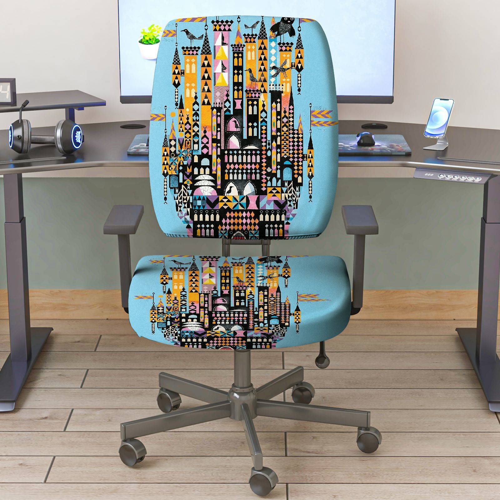 2-Piece Colorful Geometric City Night Skyline Pattern  Computer Chair Cover Set, Seat and Backrest