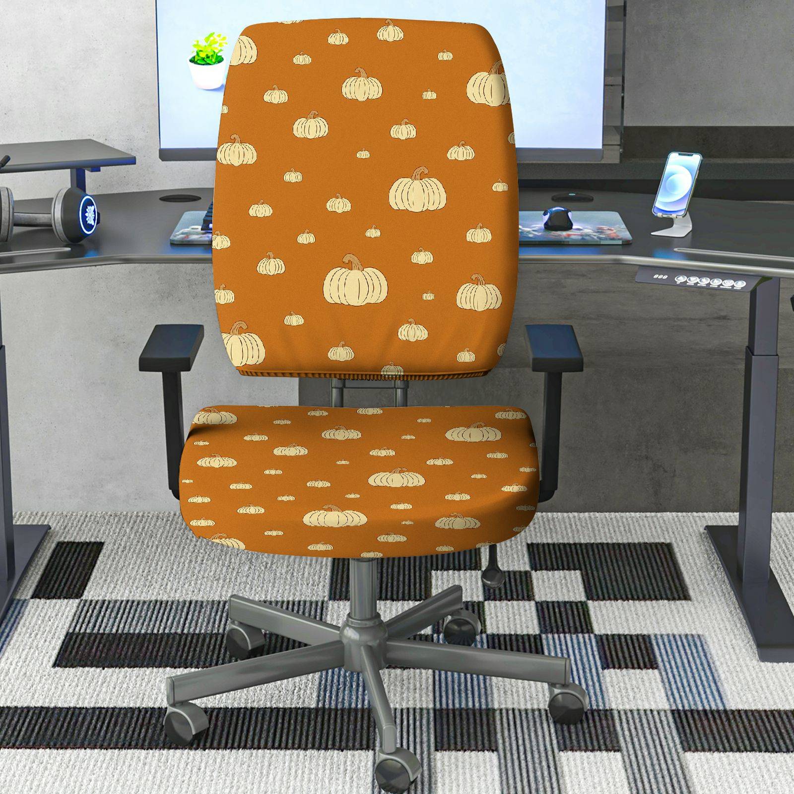 2-Piece Autumn Fall Pumpkin Harvest Printed  Computer Chair Cover Set, Seat and Backrest