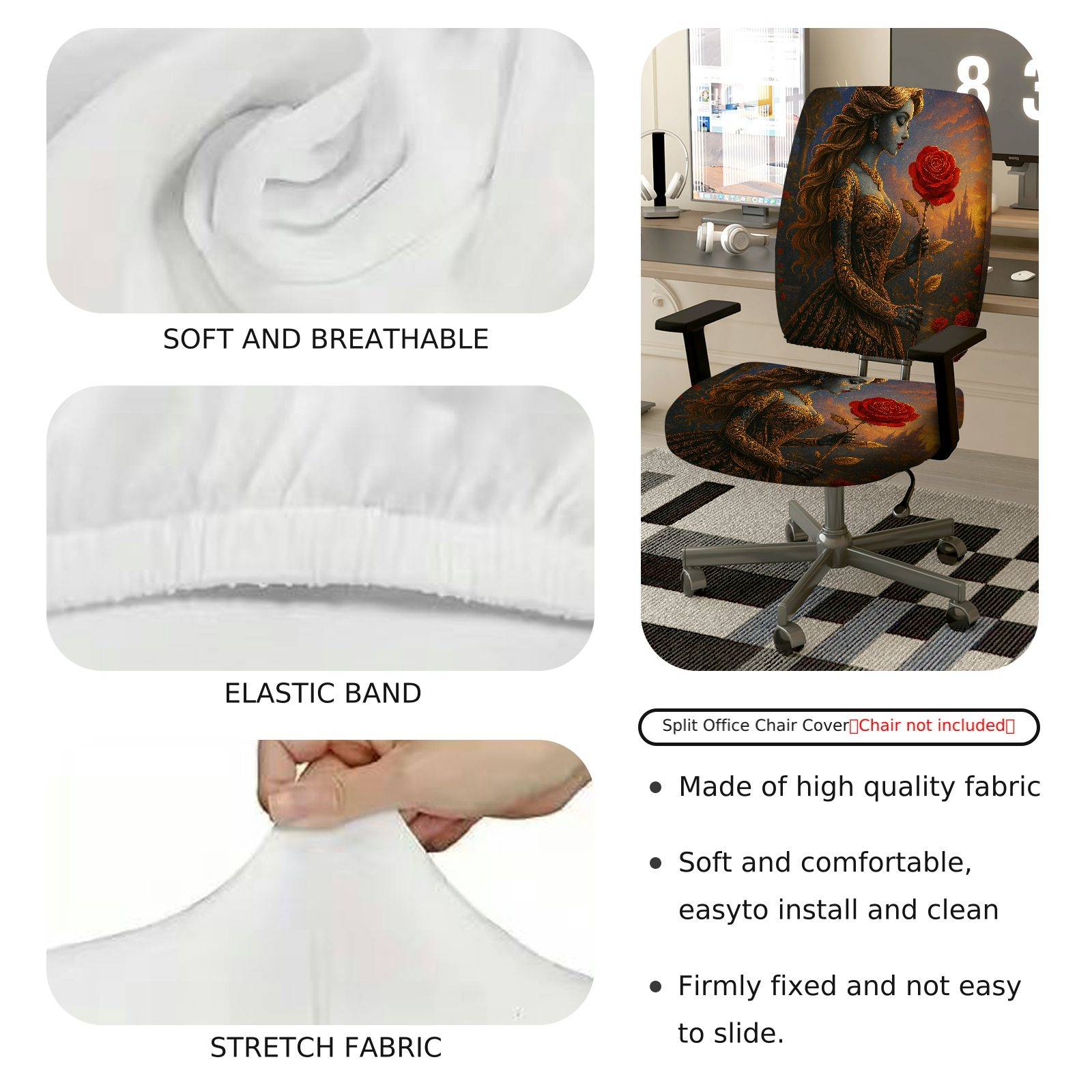 2-Piece Artistic Romantic Rose Woman Graphic  Computer Chair Cover Set, Seat and Backrest