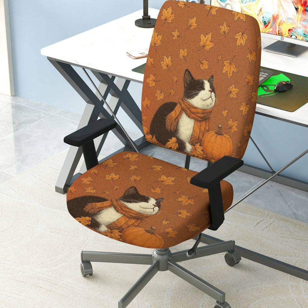 2-Piece Autumn Leaves Pumpkin Cat Scarf Fall  Computer Chair Cover Set, Seat and Backrest