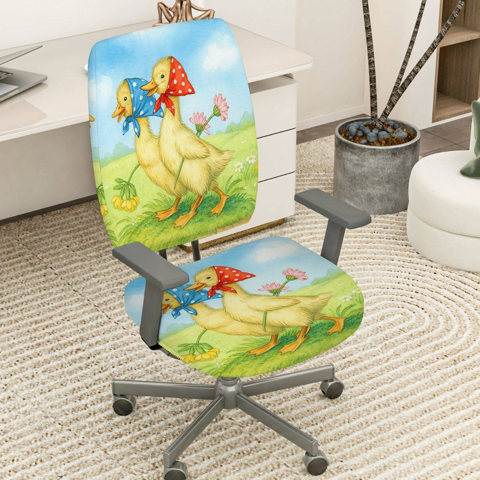 2-Piece Animal Spring Floral Cute Decorative  Computer Chair Cover Set, Seat and Backrest
