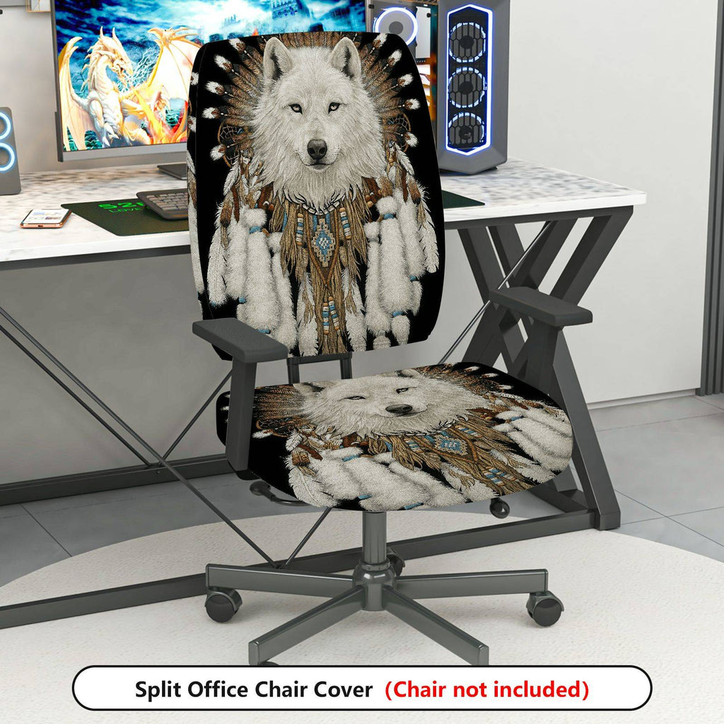 2-Piece Animal Native Feathers Tribal Wolf  Computer Chair Cover Set, Seat and Backrest