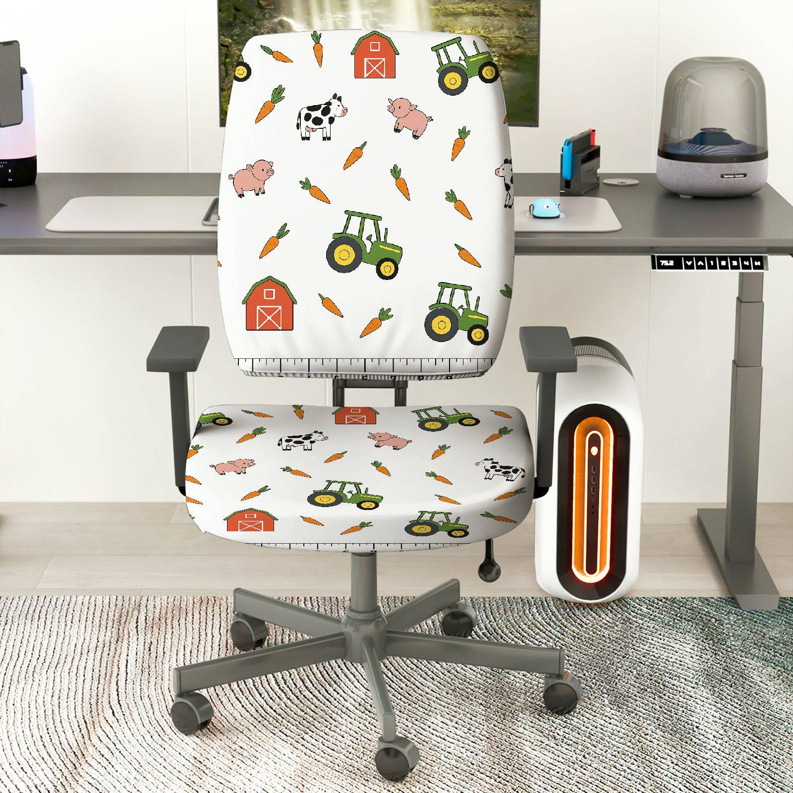 2-Piece Farm Animal Truck Barn Carrot Tractor  Computer Chair Cover Set, Seat and Backrest