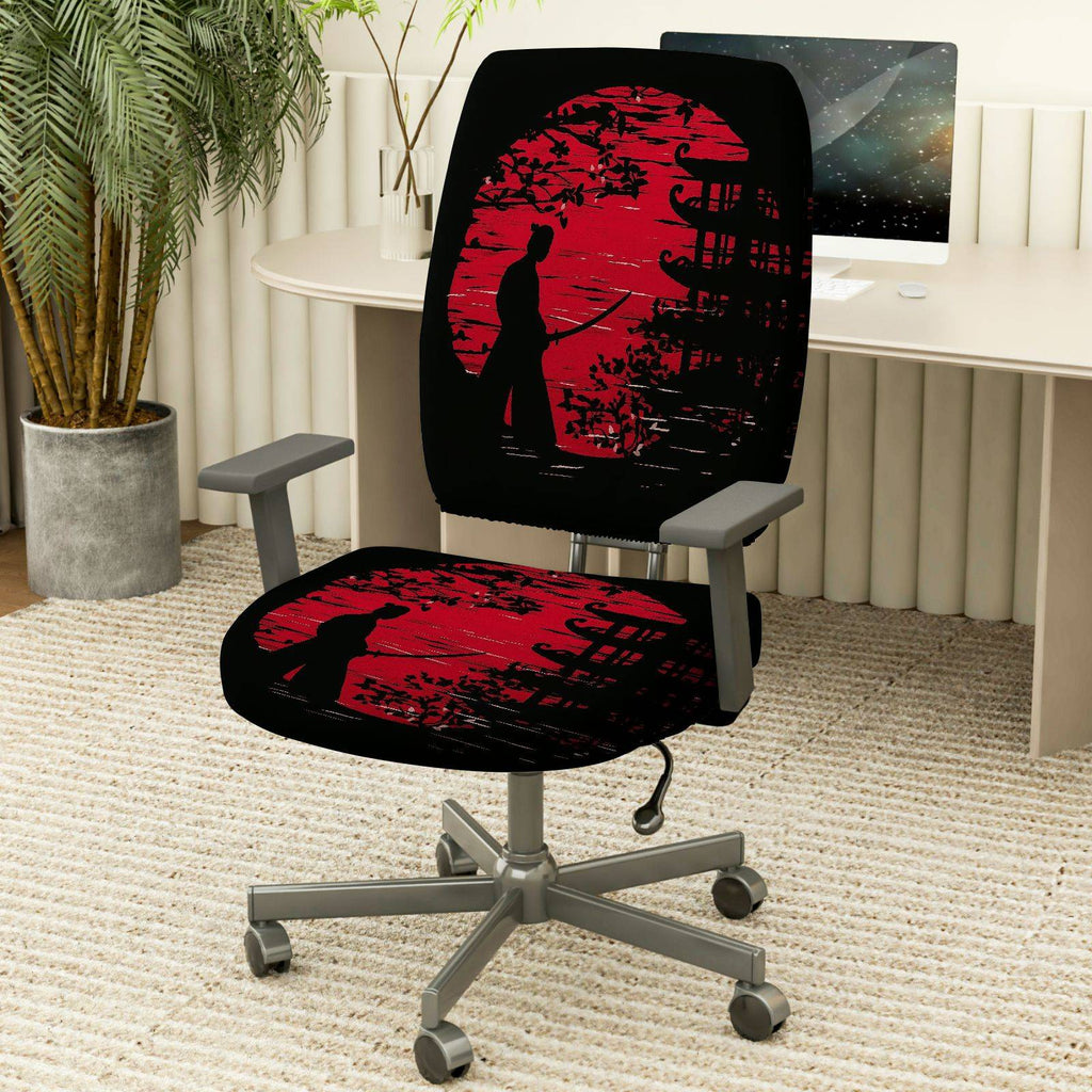 2-Piece Samurai Sunset Japanese Art Red Black  Computer Chair Cover Set, Seat and Backrest