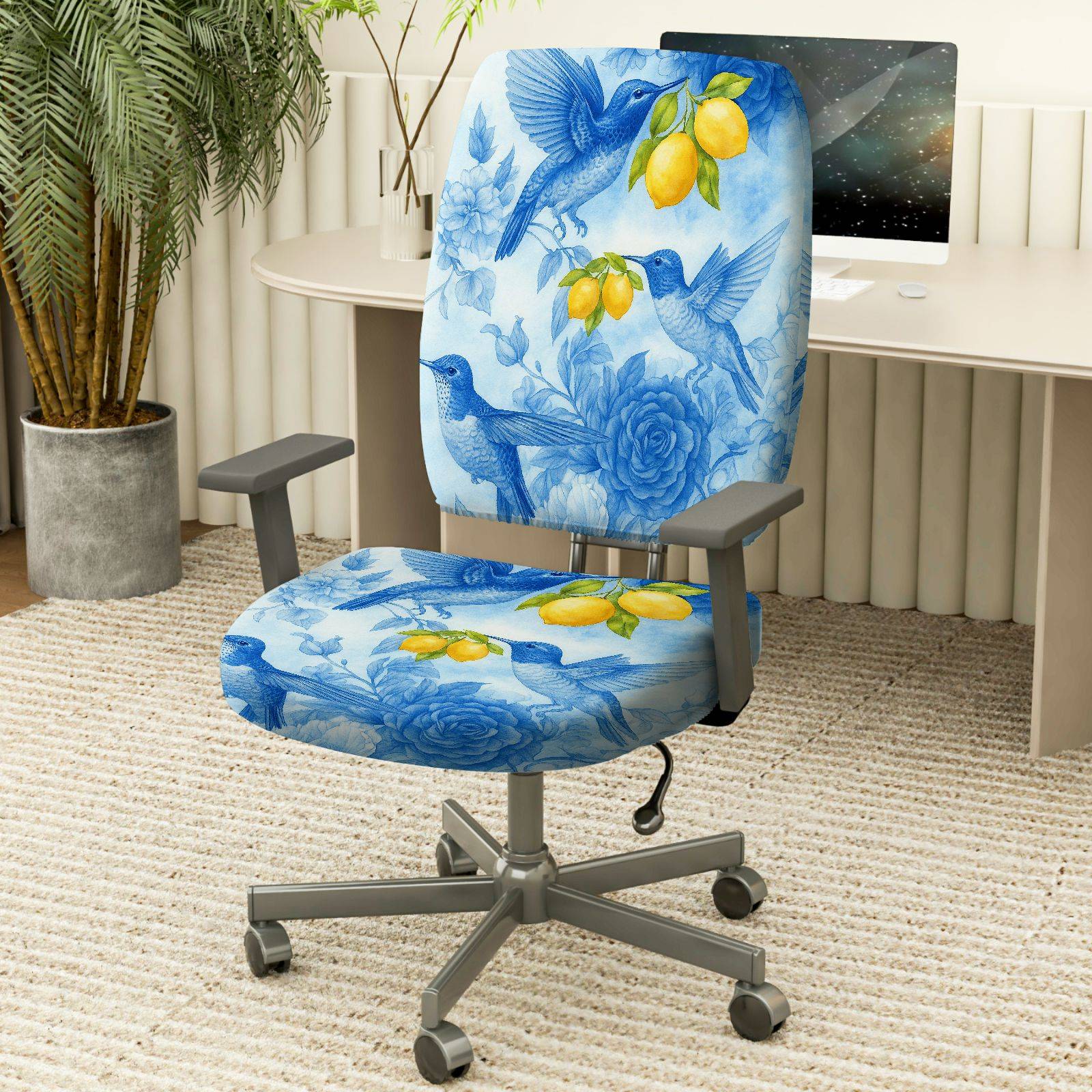 2-Piece Hummingbird Floral Lemon Nature Blue  Computer Chair Cover Set, Seat and Backrest