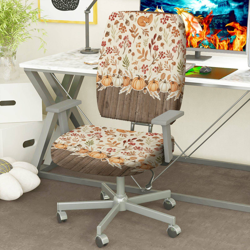 2-Piece Autumn Pumpkin Floral Pattern Thanksgiving  Computer Chair Cover Set, Seat and Backrest