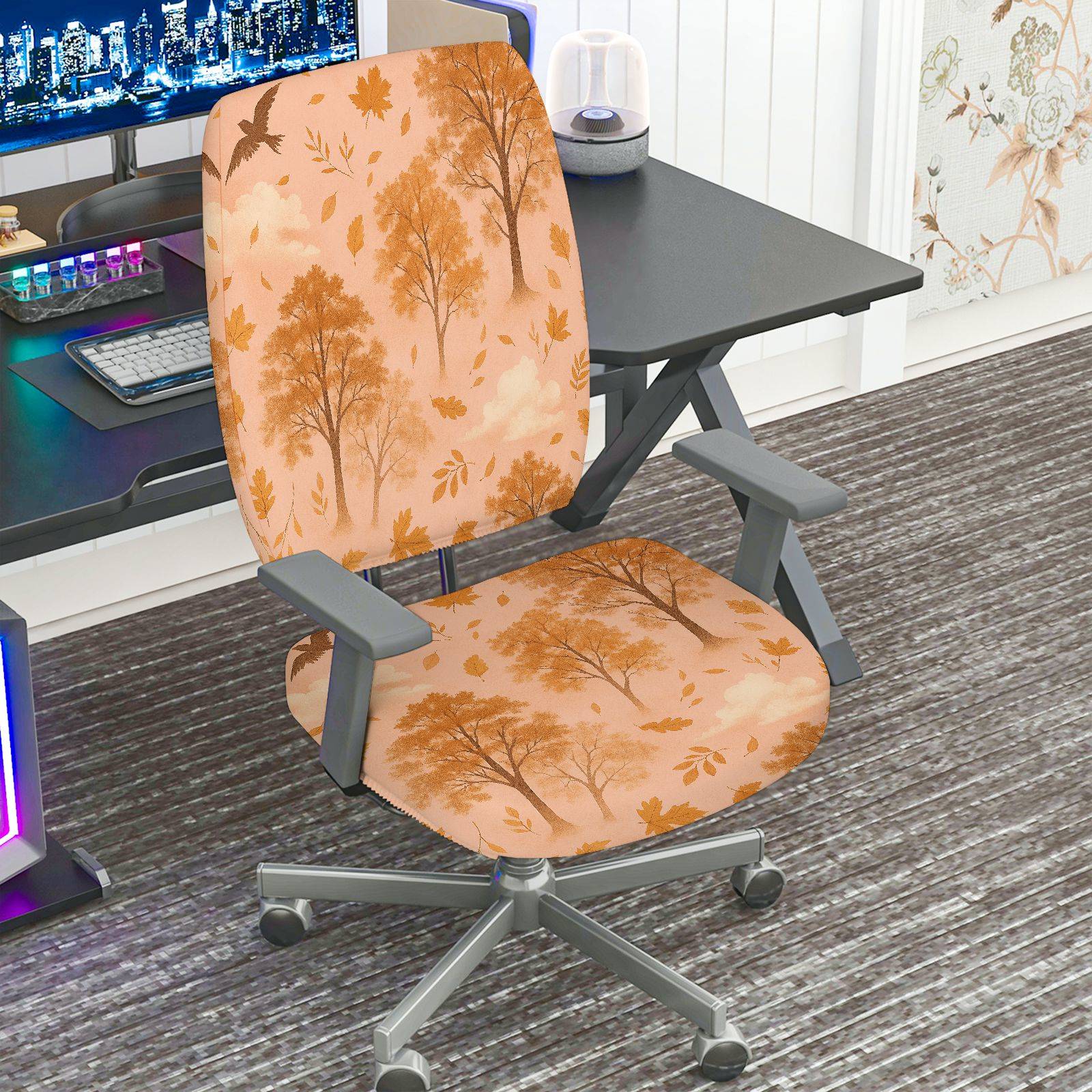 2-Piece Autumn Nature Forest Tree Leaves  Computer Chair Cover Set, Seat and Backrest