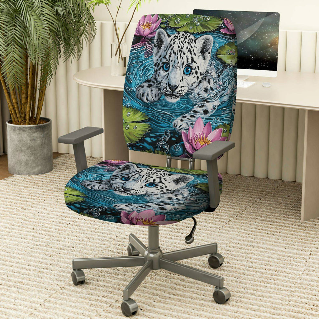 2-Piece Animal Print Floral Water Lily Leopard  Computer Chair Cover Set, Seat and Backrest