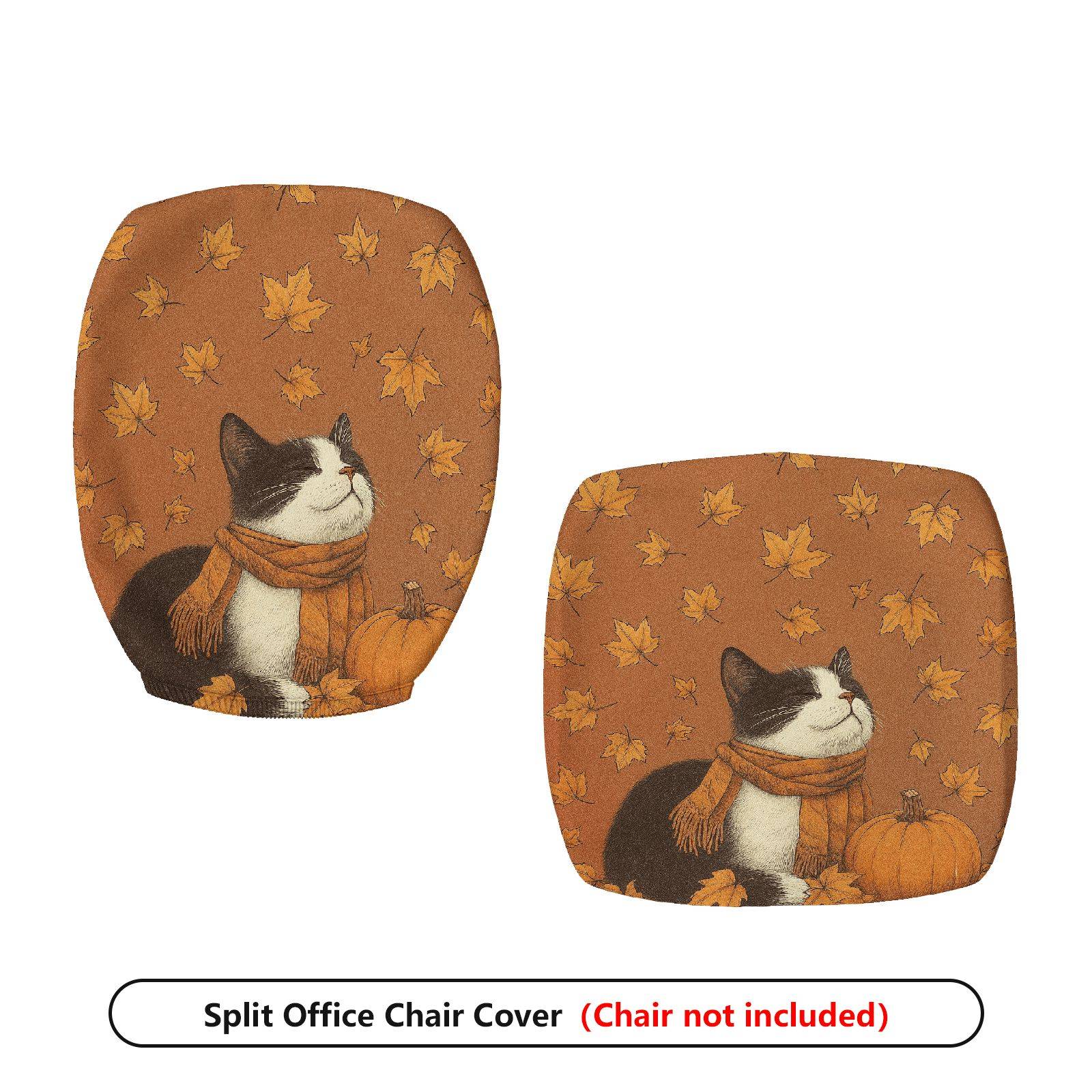 2-Piece Autumn Leaves Pumpkin Cat Scarf Fall  Computer Chair Cover Set, Seat and Backrest