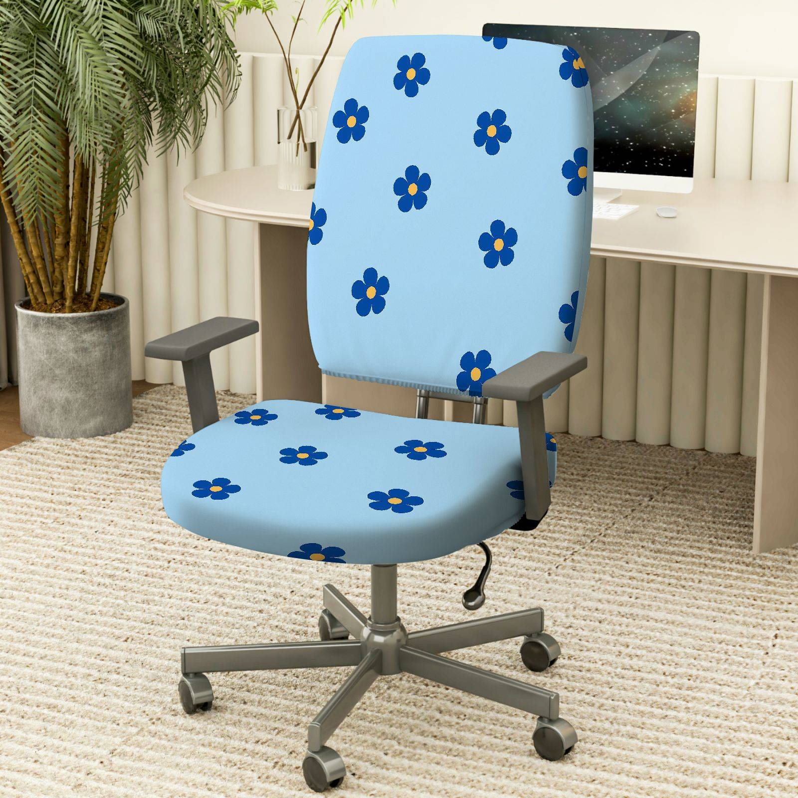 2-Piece Blue Flower Pattern Decorative  Computer Chair Cover Set, Seat and Backrest