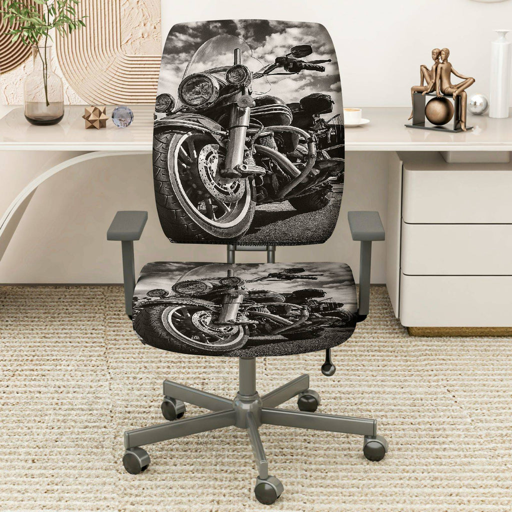 2-Piece Motorcycle Vintage Black and White Artistic Pattern  Computer Chair Cover Set, Seat and Backrest