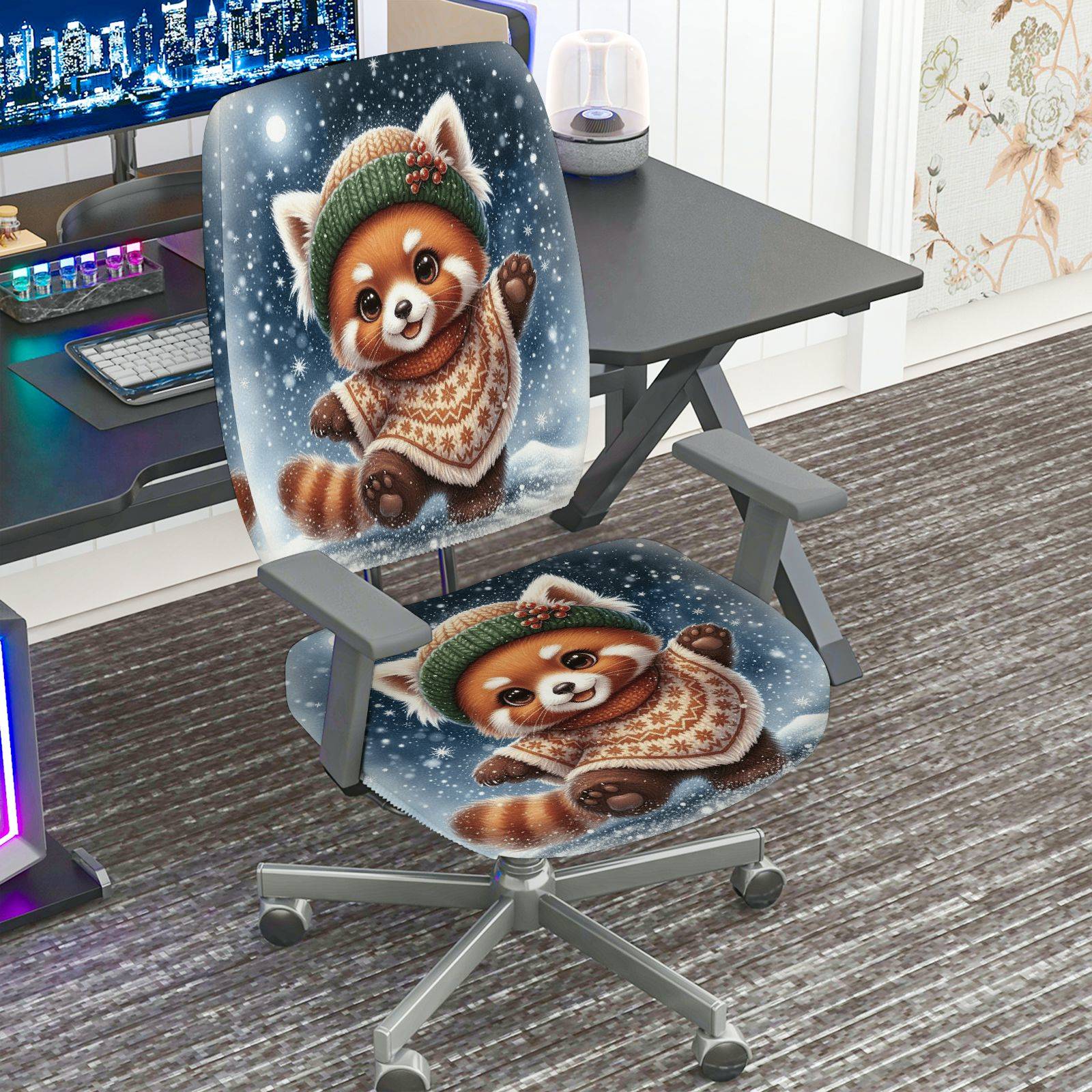 2-Piece Animal Red Panda Winter Snowflakes Holiday  Computer Chair Cover Set, Seat and Backrest
