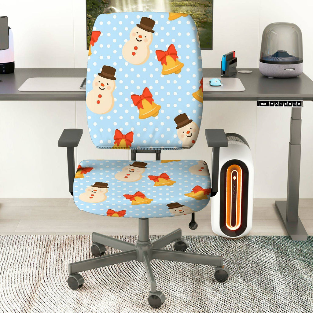 2-Piece Christmas Snowman Bell Polka Dots Decorative  Computer Chair Cover Set, Seat and Backrest
