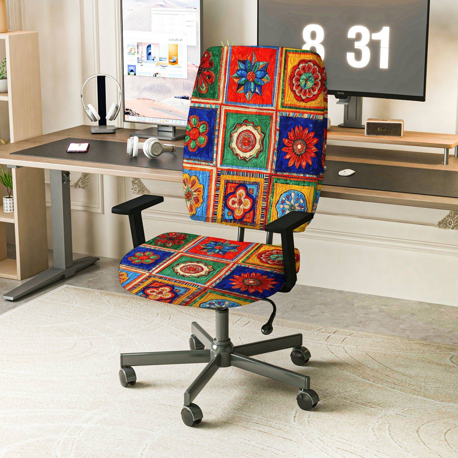 2-Piece Bohemian Colorful Geometric Floral Pattern  Computer Chair Cover Set, Seat and Backrest