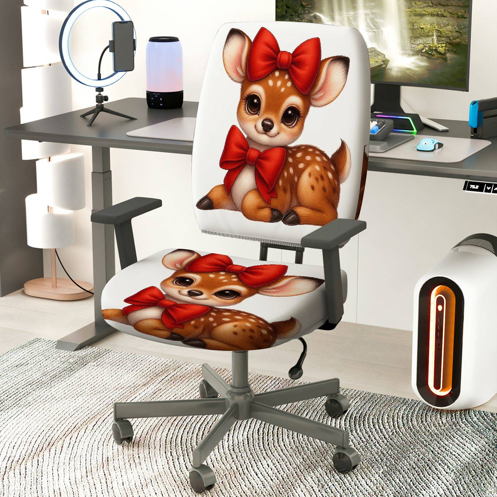 2-Piece Deer Red Bow Christmas  Computer Chair Cover Set, Seat and Backrest