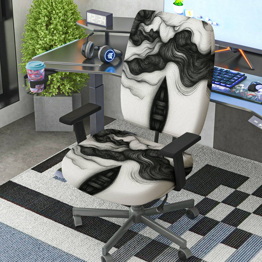 2-Piece Abstract Swirl Pattern Black White Artistic Modern  Computer Chair Cover Set, Seat and Backrest