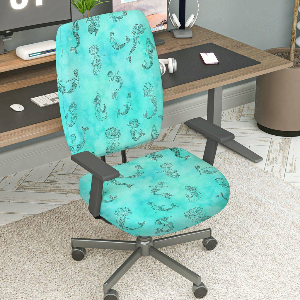 2-Piece Aquatic Mermaid Turquoise Decorative  Computer Chair Cover Set, Seat and Backrest