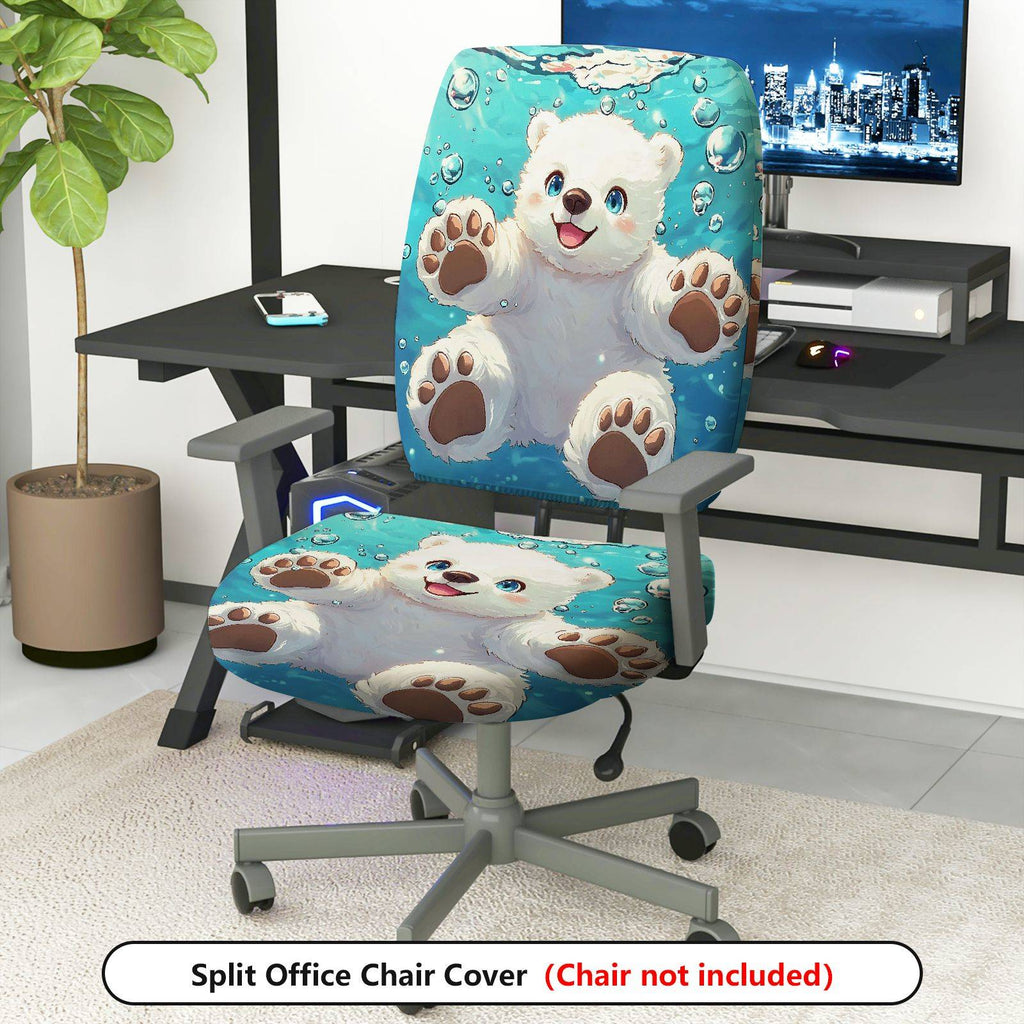 2-Piece Cute Polar Bear Blue Bubbles Animal Print  Computer Chair Cover Set, Seat and Backrest