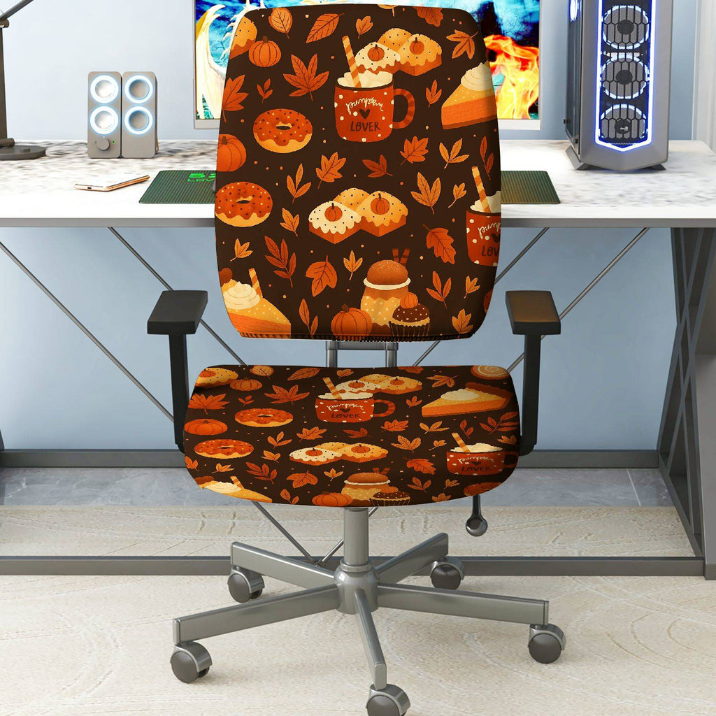 2-Piece Autumn Pumpkin Thanksgiving Dessert Coffee  Computer Chair Cover Set, Seat and Backrest