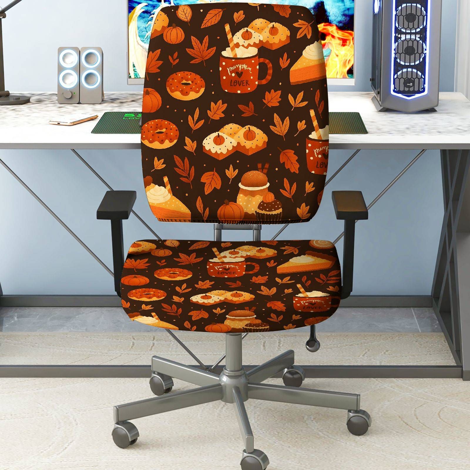 2-Piece Autumn Pumpkin Thanksgiving Dessert Coffee  Computer Chair Cover Set, Seat and Backrest