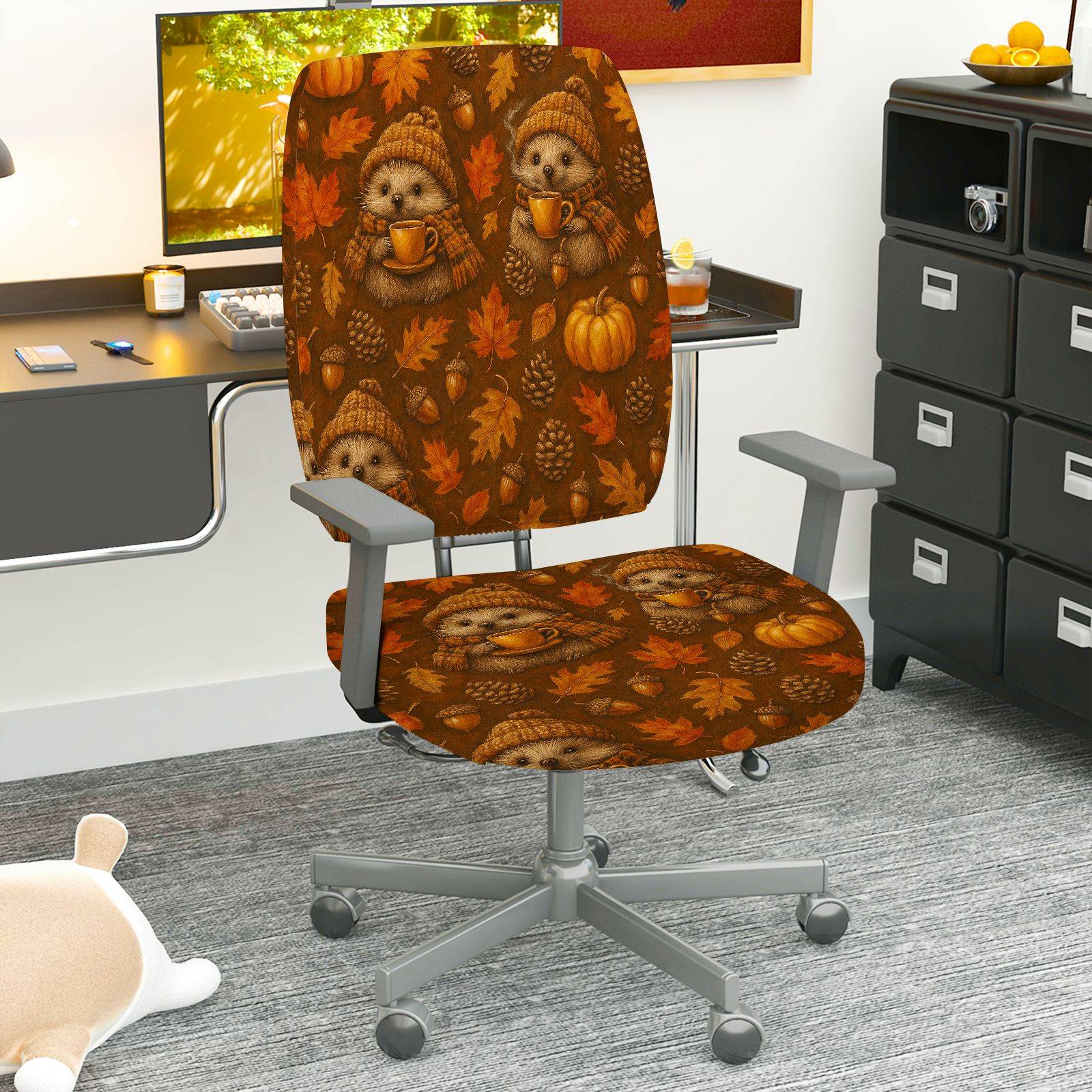 2-Piece Autumn Pumpkin Hedgehog Cute Leaves Acorn  Computer Chair Cover Set, Seat and Backrest