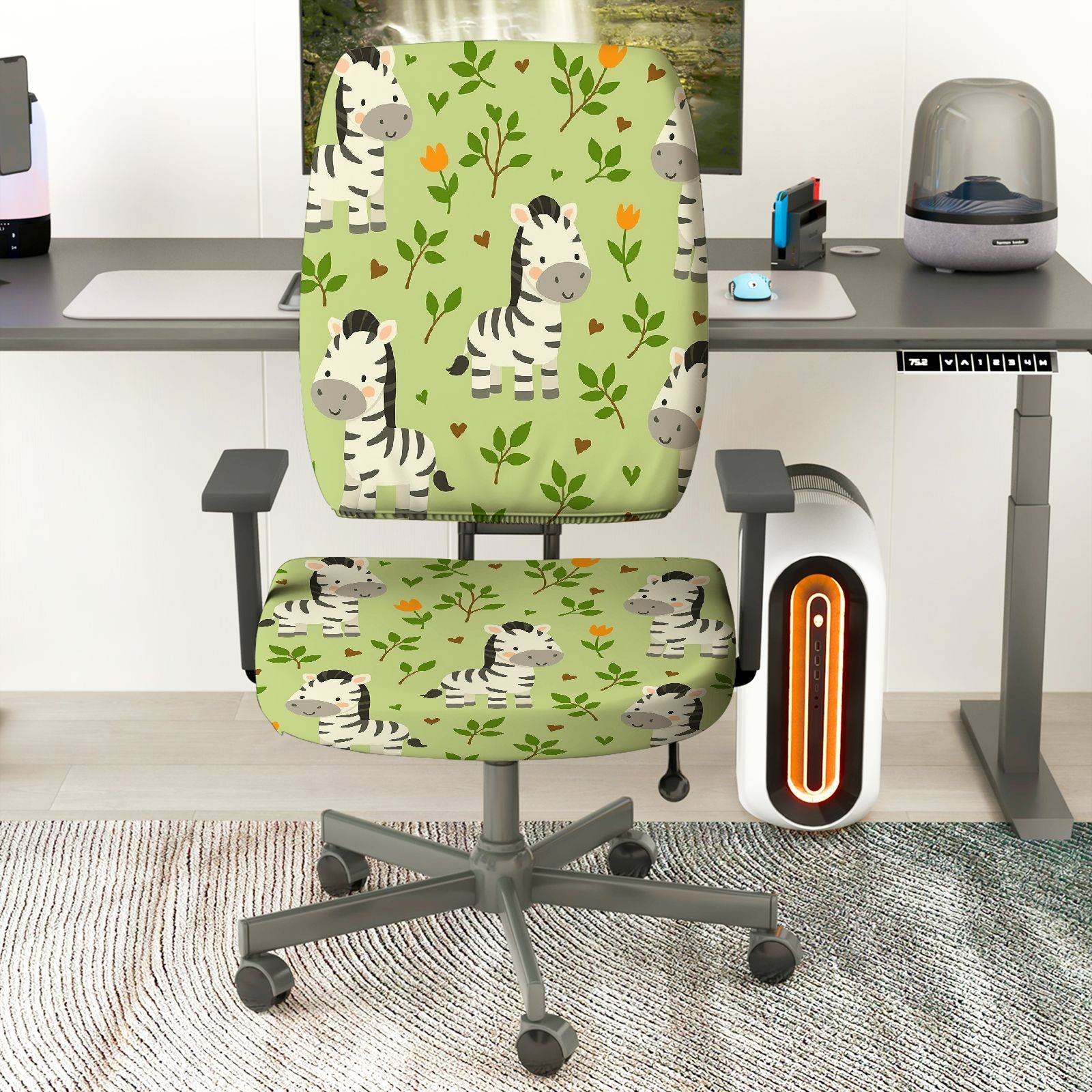 2-Piece Zebra Pattern Green Floral Fun Nature Animal  Computer Chair Cover Set, Seat and Backrest