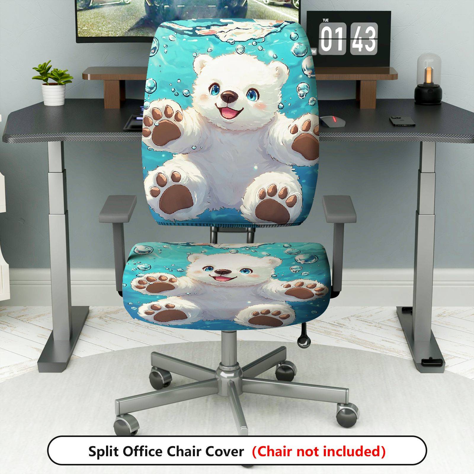 2-Piece Cute Polar Bear Blue Bubbles Animal Print  Computer Chair Cover Set, Seat and Backrest