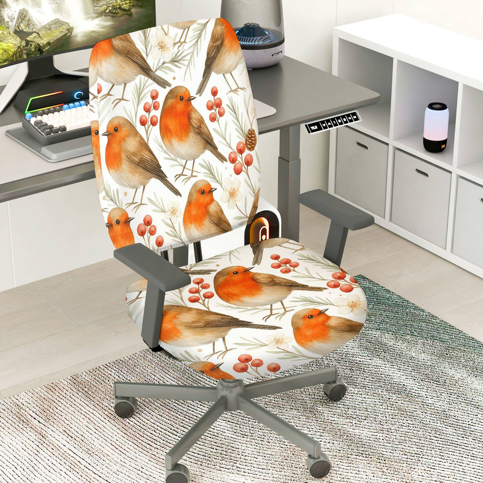 2-Piece Christmas Robin Bird Berry Tree Flower  Computer Chair Cover Set, Seat and Backrest