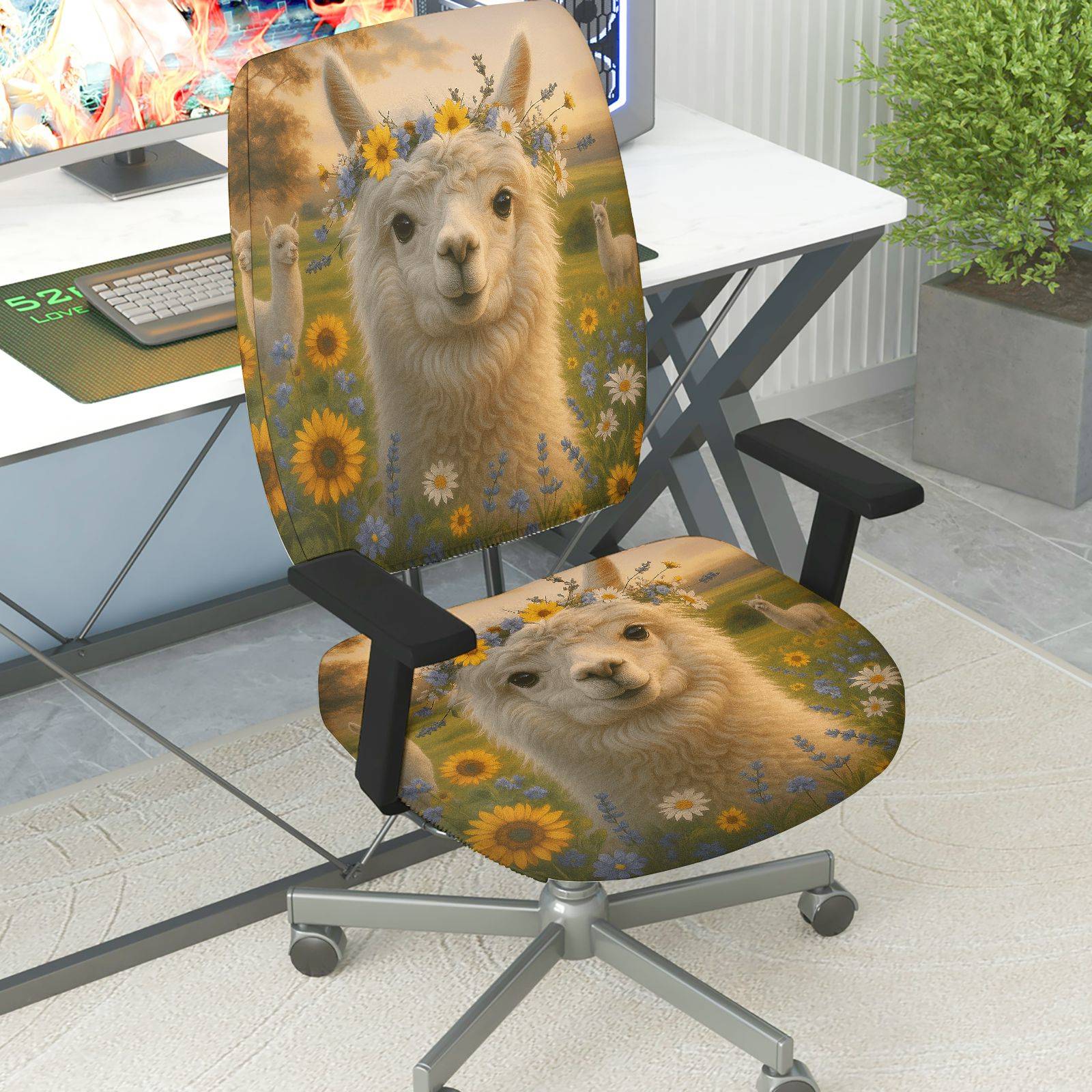 2-Piece Alpaca floral pastoral countryside sunflower  Computer Chair Cover Set, Seat and Backrest