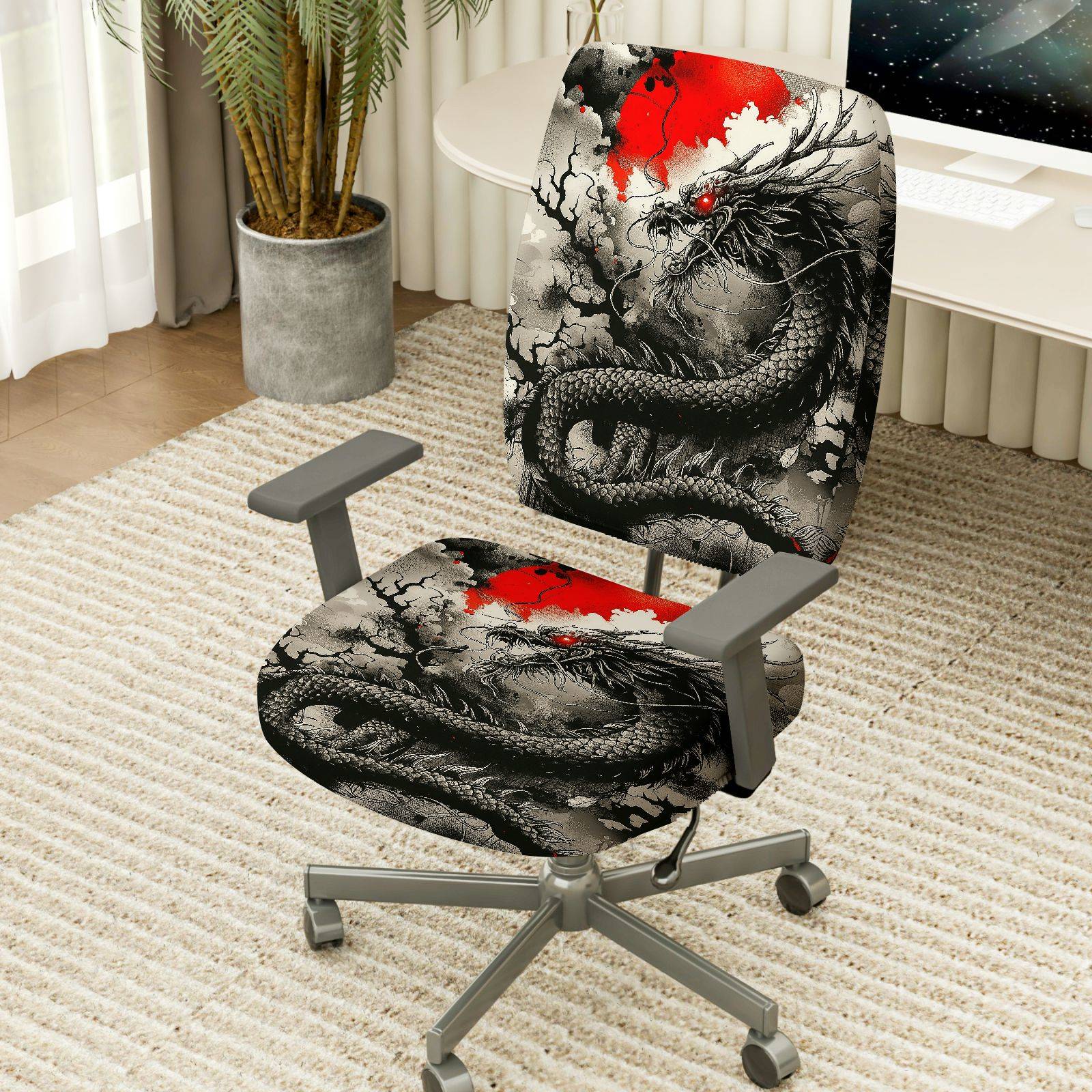 2-Piece Dragon Mythical Red Black Magic Art  Computer Chair Cover Set, Seat and Backrest