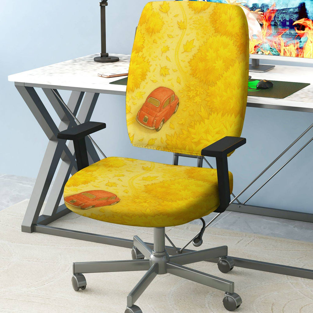 2-Piece Autumn Forest Car Leaf Pattern  Computer Chair Cover Set, Seat and Backrest