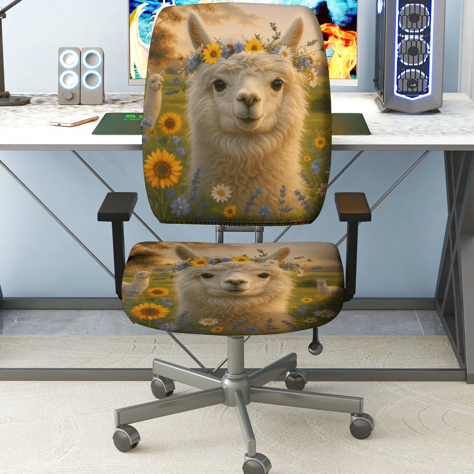 2-Piece Alpaca floral pastoral countryside sunflower  Computer Chair Cover Set, Seat and Backrest