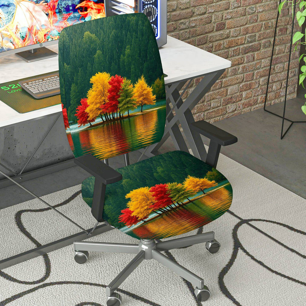 2-Piece Autumn Nature Landscape Forest Lake Home  Computer Chair Cover Set, Seat and Backrest