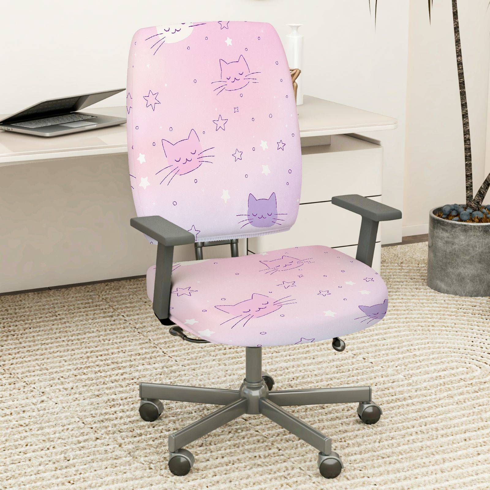 2-Piece Pink Cute Cat Star Pattern  Computer Chair Cover Set, Seat and Backrest