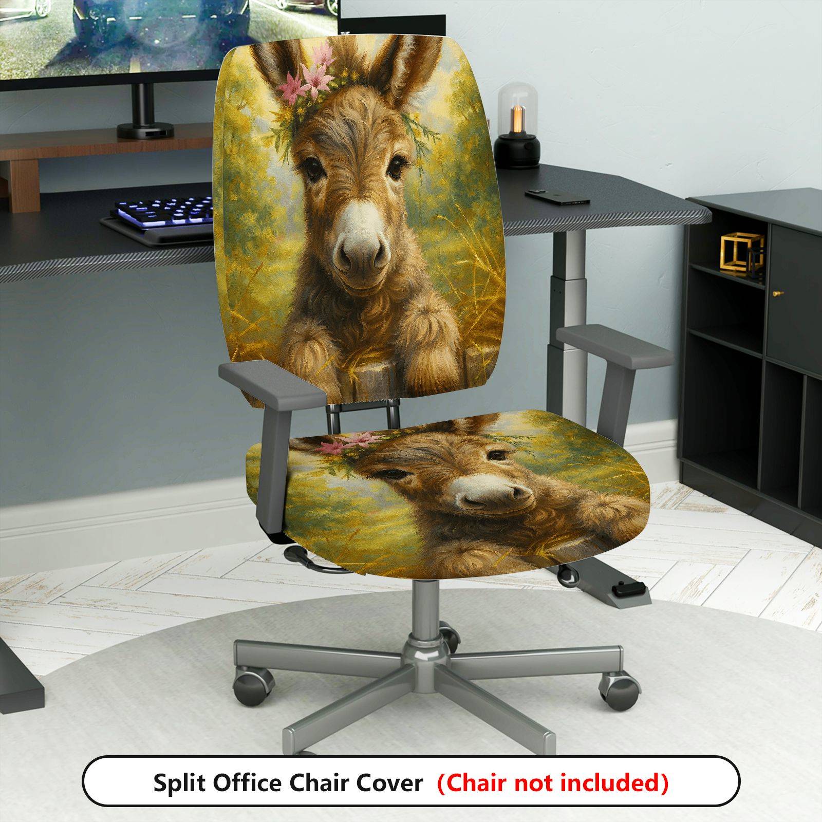 2-Piece Animal Floral Donkey Art Printed Decorative  Computer Chair Cover Set, Seat and Backrest