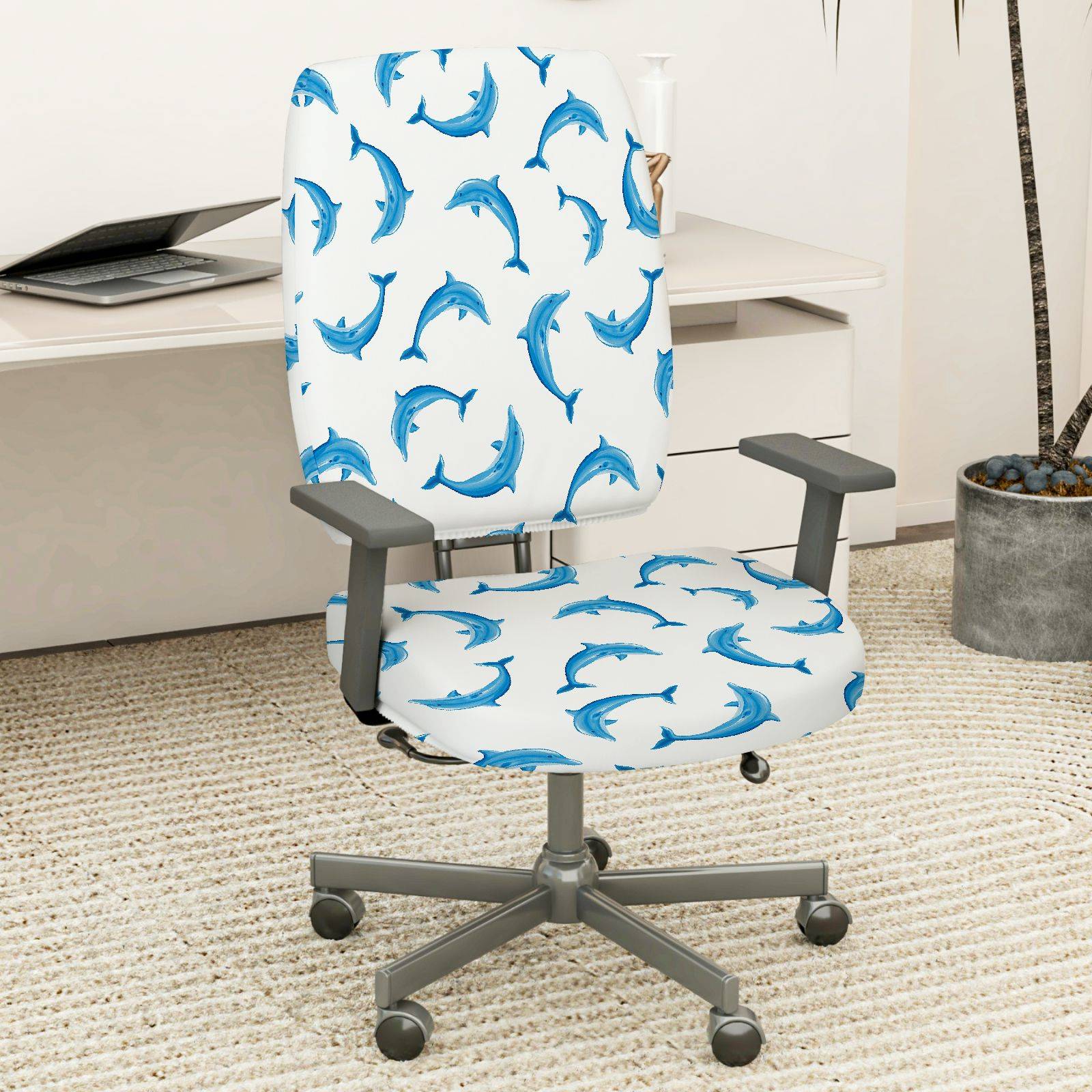 2-Piece Blue Dolphin Ocean Marine Cute Animal  Computer Chair Cover Set, Seat and Backrest