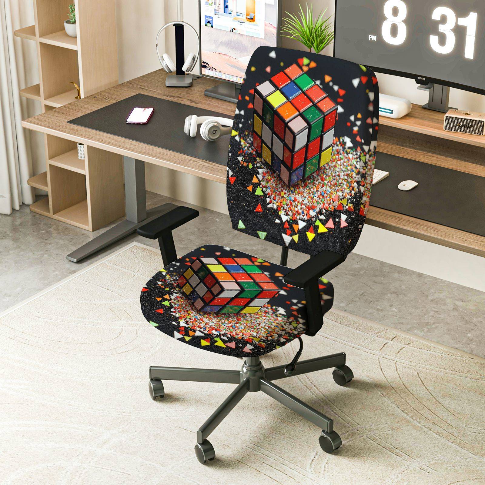 2-Piece Colorful Geometric Fun Vibrant Creative Puzzle  Computer Chair Cover Set, Seat and Backrest