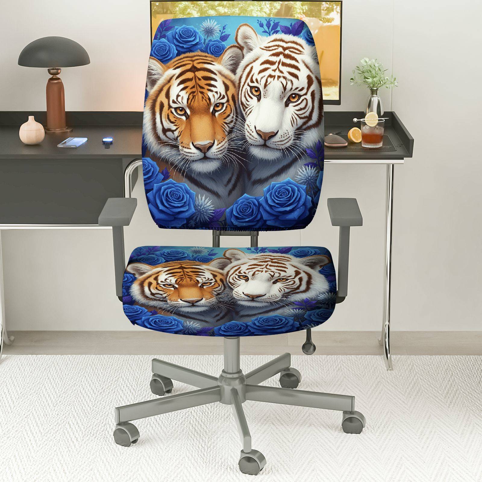 2-Piece Tiger Floral Animal Print Blue Roses  Computer Chair Cover Set, Seat and Backrest