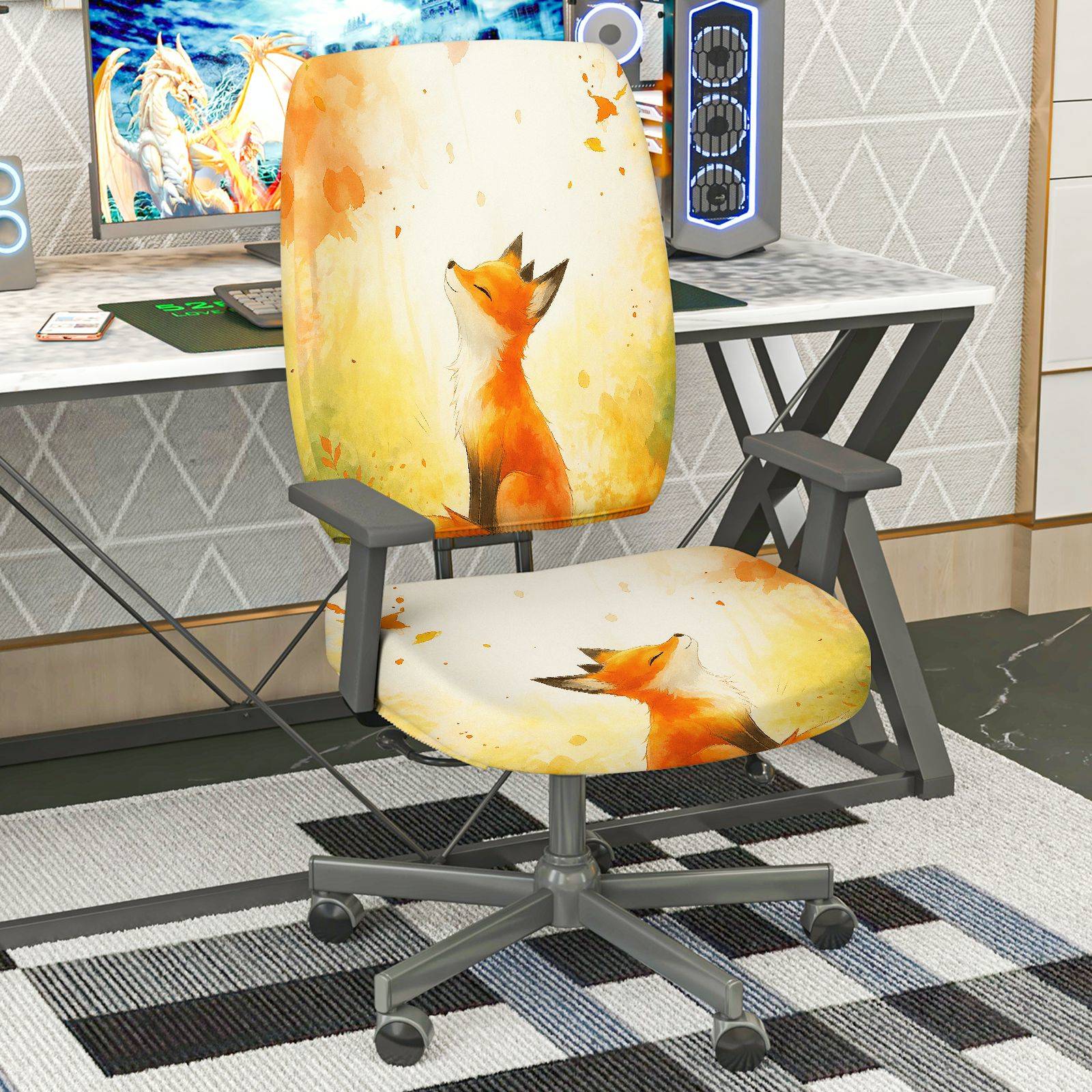 2-Piece Fox Pattern Design Art Animal  Computer Chair Cover Set, Seat and Backrest