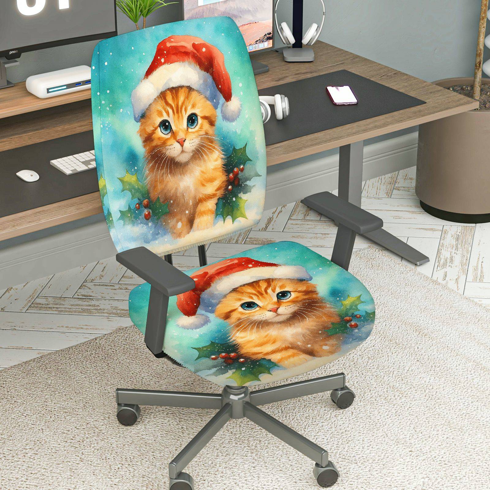 2-Piece Christmas Santa Cat Holly Snow Winter  Computer Chair Cover Set, Seat and Backrest